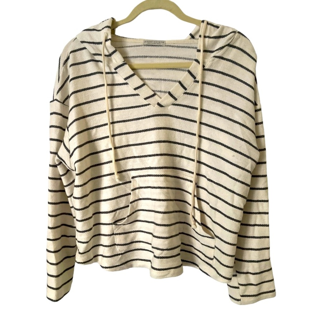 Anthropologie Paper Crane 100% Cotton White Blue Striped Hooded Sweatshirt Top M